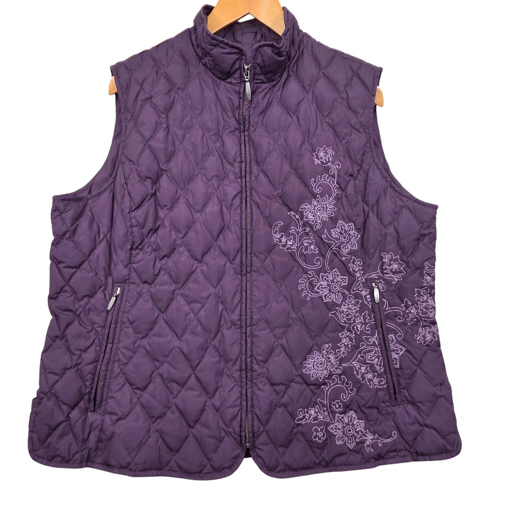 Eddie Bauer Premium Goose Down Quilted Vest Purple Floral Embroidered Womens XL
